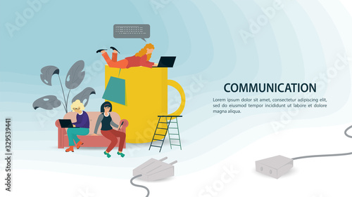 Three small women on a sofa and a large mug of tea chatting on the Internet For a Website or Mobile Apps Artificial Intelligence Concept Flat Vector Illustration
