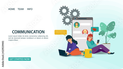 Two small women with glasses sitting next to a phone chatting online For a Website or Mobile Apps Artificial Intelligence Concept Flat Vector Illustration