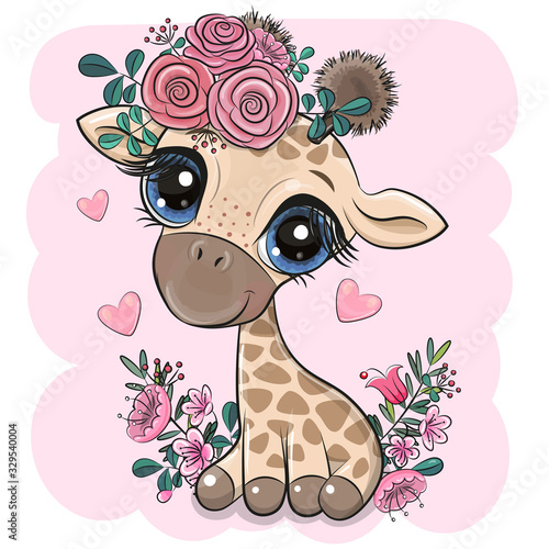 Giraffe with flowers on a pink background