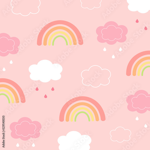 Cute rainbow and white clouds with water droplets isolated on pink pastel background.Design for print or screen backdrop ,tile ,wallpaper or card.Rainy day.Sweet dream.Vector.Illustration.