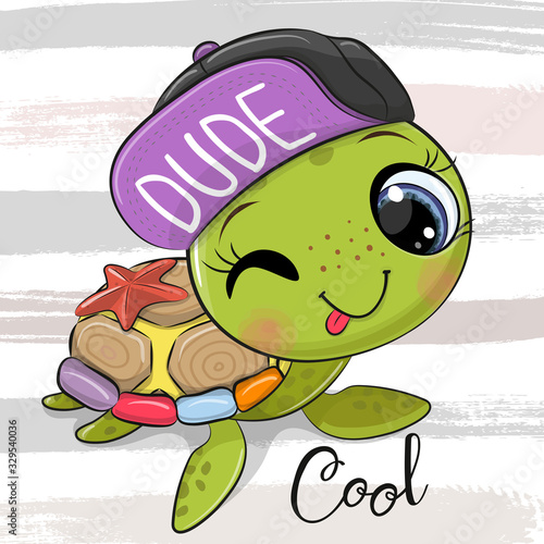 Water turtle in a cap on the stripes background