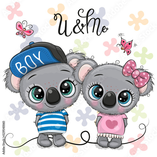 Cartoon koalas on a flowers background