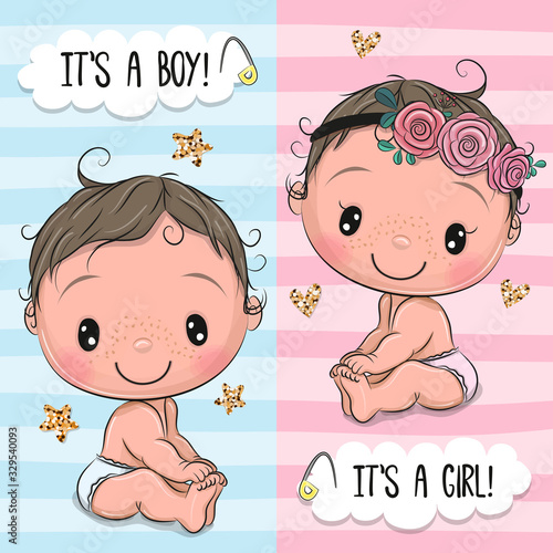 Baby Shower greeting card with Cute Babies boy and girl