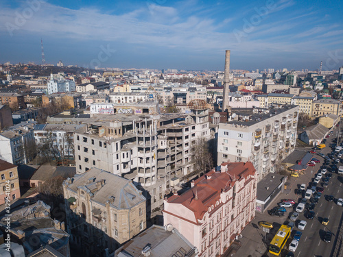 Aerial drone view. Abandoned house construction in the historical part of Kiev.
