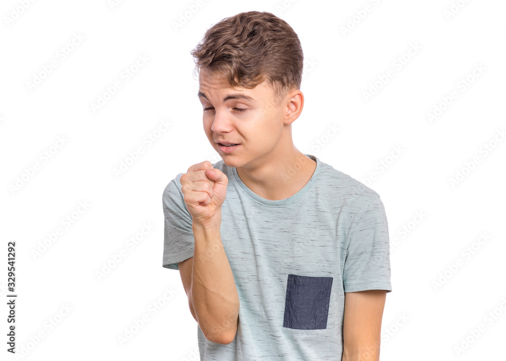 Portrait of teen boy is coughing, isolated on white background. Unhappy