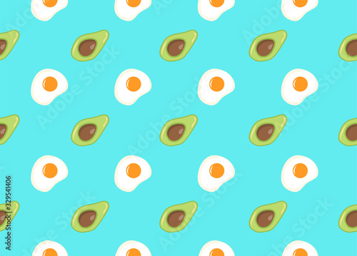 Vector seamless pattern on teal background with avocado and fried egg as a template for packaging, textile and web elements. Healthy eating and lifestyle. Weighy loss diets, veganism, vegetarianism