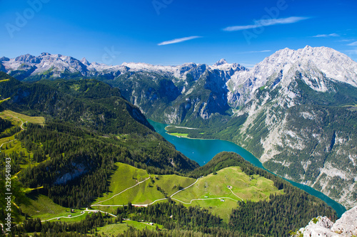 view on lake Königssee and alps with hiking trails