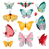 Set of colorful flying butterfly, isolated on white background. Pretty hand-drawing vector illustration. Various colours and shapes