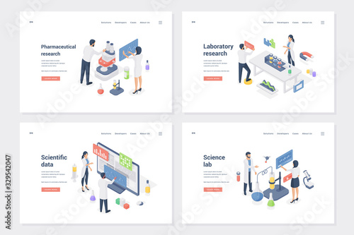 Set of banners with various laboratory researches. Isometric vector illustration
