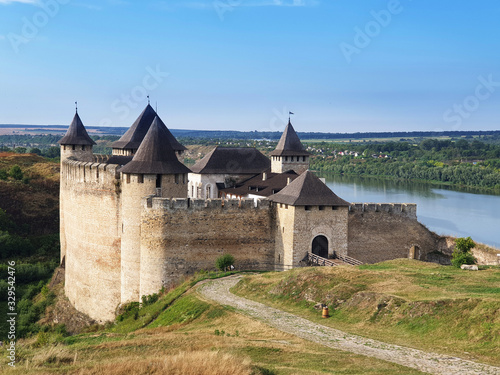 Beautiful view of The Khotyn Fortress. The most remarkable medieval landmark of central Ukraine. Travelling across Ukraine.