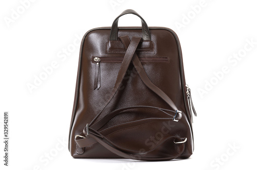 leather brown women's backpack back side on a white background