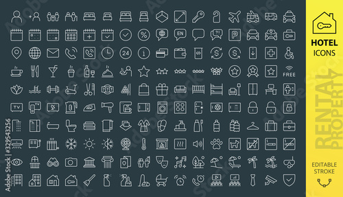 Rental property and Hotel icons set. Set of vector real estate rent, booking hostel, ui pack house and flat rent, hotel web site rectangular line thin icon