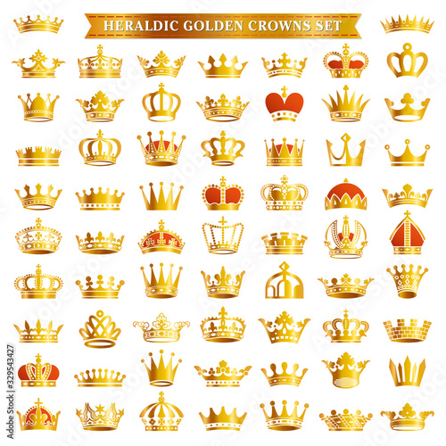 Big set of golden crown icons photo