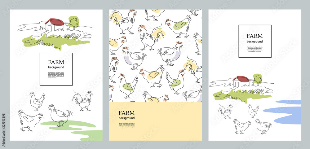 Agricultural brochure layout design. Cocks and village houses. Agricultural template.