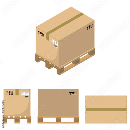Cardboard box on a pallet. Top view, front and side view, isometric design. 3D Render. Vector illustration.