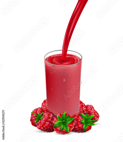 raspberry juice with splash isolated on white. glass with red raspberry Juice. 3d realistic berry Vector illustration for your design