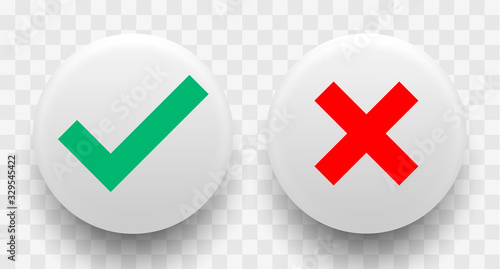 Tick and cross signs 3d white style on a transparent background. Vector illustration