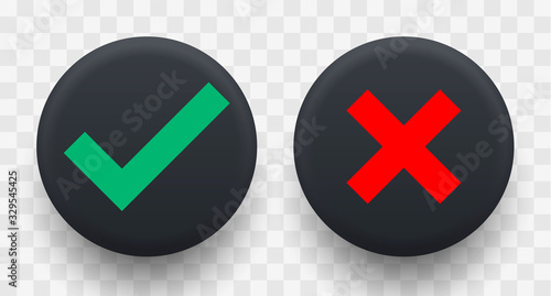 Tick and cross signs 3d black style on a transparent background. Vector illustration