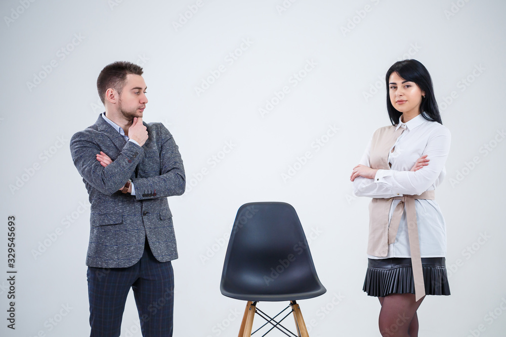 Obraz premium businessmen man and woman, teachers invite specialists to work. Creation of a new business project.