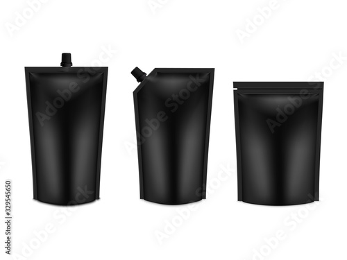 Realistic 3D Black Blank Doy Pack Mock up set. Vector Doypack Template Packing with and without screw cap.