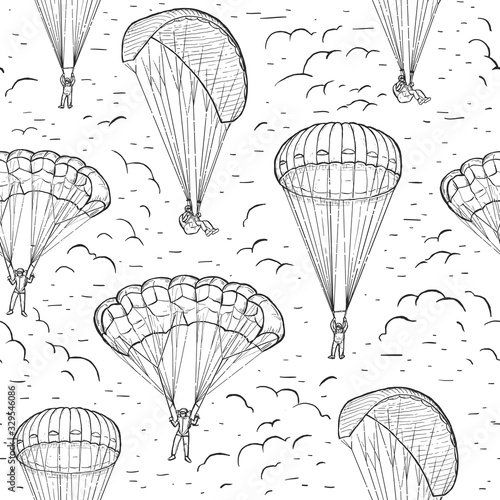 Extreme sports sketch seamless vector pattern. Hand drawn skydivers flying with a paraglider and parachute. Design for textile print, page fill, wrapping paper, web. Black line isolated on white