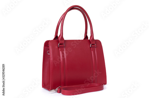 red leather women s hand made bag on a white background