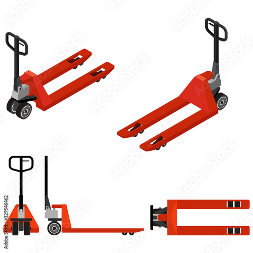 Hand pallet truck. Isometric design  top view  front and side view. 3D Render. Vector illustration.