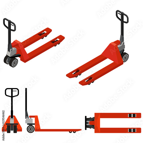Hand pallet truck. Isometric design, top view, front and side view. 3D Render. Vector illustration.