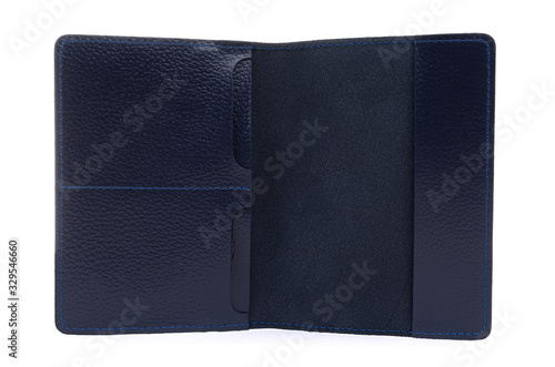 open leather wallet for money on a white background
