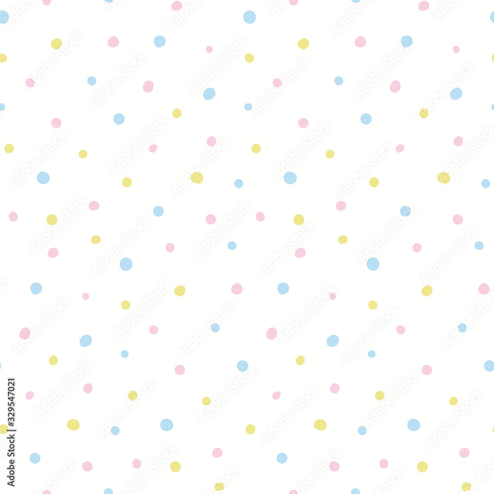 Hand drawn seamless geometric vector pattern. Pastel polka dots on white background. Scandinavian style flat design. Concept Easter, spring day kids textile print, wallpaper, wrapping paper, packaging