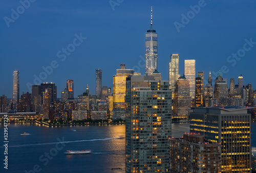 Φωτογραφία New York Manhattan Hudson Skyline von New Jersey Financial District Sonnenaufgan