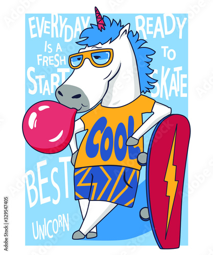 Unicorn skateboarder. Vector illustration. Design for t-shirts