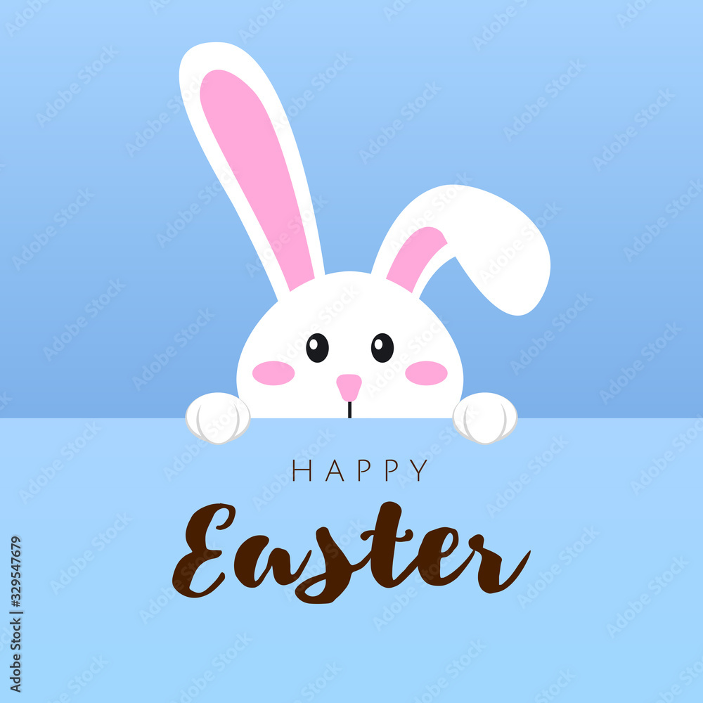 Greeting card with white Easter rabbit. Funny bunny in flat style. Easter Bunny. Happy easter lettering card with cute rabbit children vector illustration. Greeting card with white Easter rabbit. Funny bunny in flat style. Easter Bunny. Happy easter lettering card with cute rabbit children vector illustration.