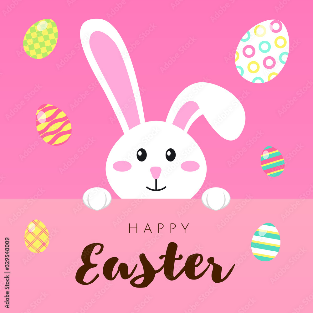 Greeting card with white Easter rabbit and colored eggs. Funny bunny in flat style. Easter Bunny. Egg hunt. Happy easter lettering card with cute rabbit children vector illustration. Greeting card with white Easter rabbit and colored eggs. Funny bunny in flat style. Easter Bunny. Egg hunt. Happy easter lettering card with cute rabbit children vector illustration.