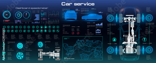 Car service with HUD elements. Complete vehicle chassis diagnostics. Futuristic car user interface. Car, scanning. Car service in the style of HUD