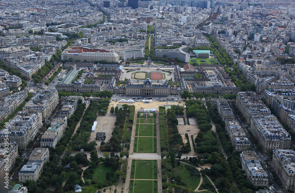 View of Paris out of Eiffel Towel, down the Champs de Mars, Paris, France.