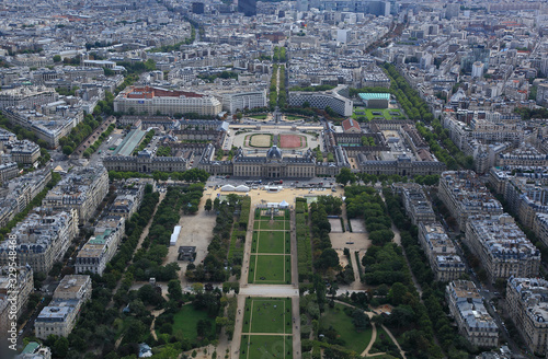 View of Paris out of Eiffel Towel, down the Champs de Mars, Paris, France.
