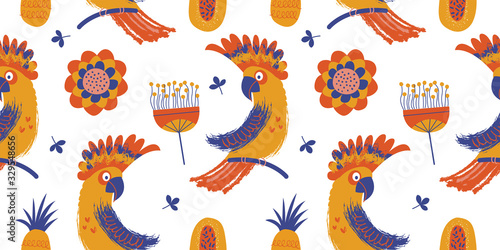 Seamless pattern on a white background. Colorful Cockatoo parrots among the flowers..