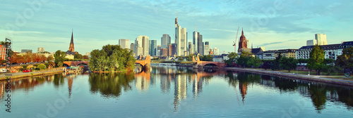 panoramic view of the river Main and ECB with the european city skyline ,financial centre of Frankfurt. Skyscraper buildings in Germany on blue sky background. Business and finance concept