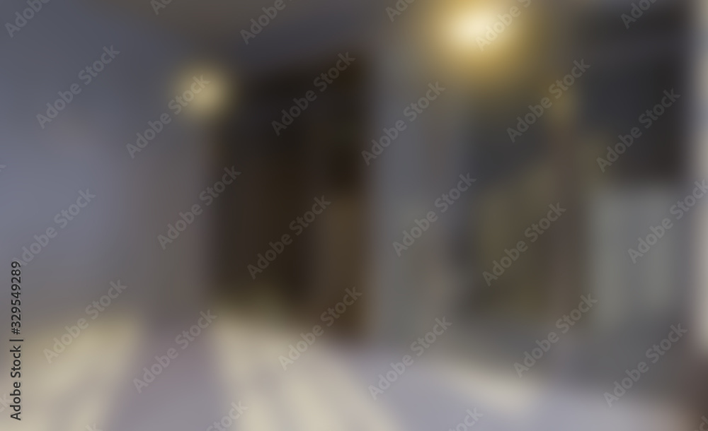 Side view of an open space office with a black wall, many tables with computers on them and a wood floor.. 3D rendering. Unfocused, Blur phototography Side view of an open space office with a black wall, many tables with computers on them and a wood floor.. 3D rendering. Unfocused, Blur phototography