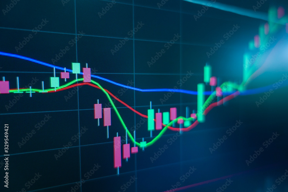 Stock market trading graph and candlestick chart on screen monitor for financial investment and economic concept.