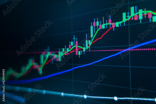 Stock market trading graph and candlestick chart on screen monitor for financial investment and economic concept.