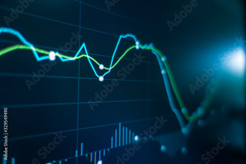 Stock market trading graph and candlestick chart on screen monitor for financial investment and economic concept.