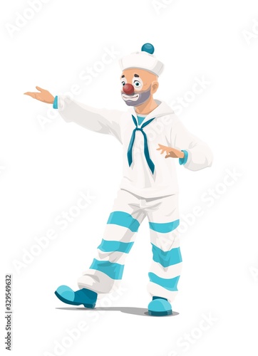 Circus cartoon clown sailor vector chapiteau performer. Carnival show joker or comedian cartoon clown character with sailorman costume, white hat and blue collar performing comedy show