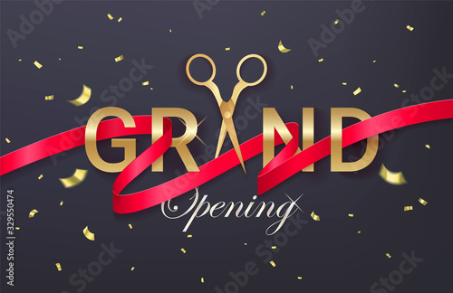 Grand opening banner with golden curled cut ribbon and air balloons. Vector illustration.