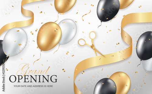 Grand opening banner with golden curled cut ribbon and air balloons. Vector illustration.