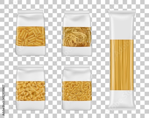 Italian pasta food package mockups. Foil or plastic bags with clear windows realistic vector Italian macaroni, spaghetti and farfalle packs, penne, elbow and tagliatelle packets