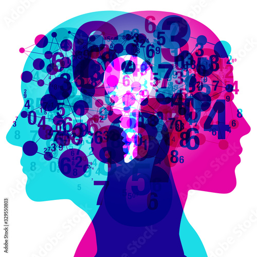  A Male and Female side silhouette profile overlaid with various blending semi-transparent numbers, connected circular shapes and the semi-transparent glowing key.