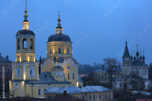 Beautiful view of old Orthodox churches in the evening light in the city of Serpukhov in Russia