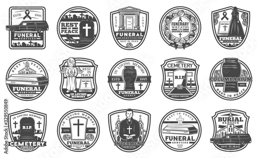 Cemetery tombstone and coffin vector icons, funeral and burial service. Cremation urn, interment religious ceremony and grave cross, flower wreath and bible, priest, widow and car icons